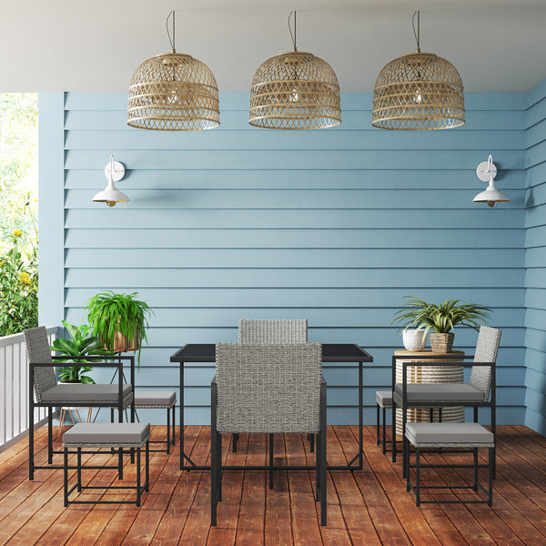 Salon de jardin extérieur en résine tressée 8 places, table et chaises de jardin extérieur avec 4 fauteuils, 4 tabourets, coussins et plateau en verre trempé, pour terrasse patio balcon, gris