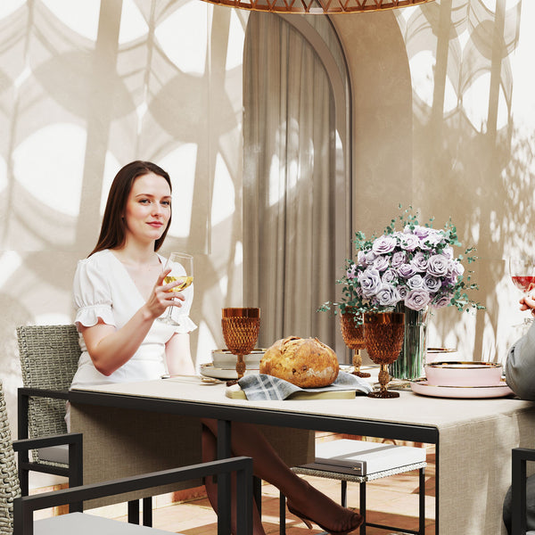 Salon de jardin extérieur en résine tressée 8 places, table et chaises de jardin extérieur avec 4 fauteuils, 4 tabourets, coussins et plateau en verre trempé, pour terrasse patio balcon, gris