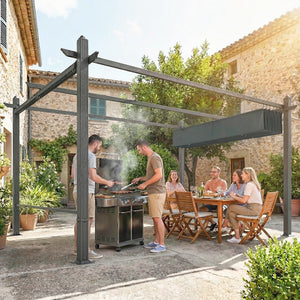 Pergola en Aluminium 3x4 m avec Stores Automatiques - Tonnelle de Jardin Coulissante Rétractable - Abri de Terrasse Robuste avec Trous de Drainage et Protection UV50+, Gris Anthracite