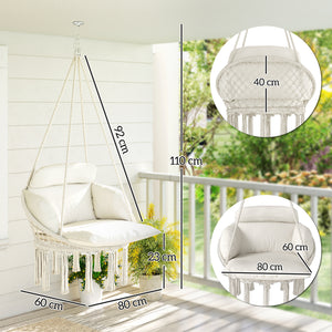 Chaise suspendue avec grand coussin rembourré, fauteuil suspendu à franges, kit de suspension inclus, hamac cadre en acier, tissage serré, crème