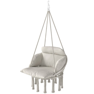 Chaise suspendue avec grand coussin rembourré, fauteuil suspendu à franges, kit de suspension inclus, hamac cadre en acier, tissage serré, crème