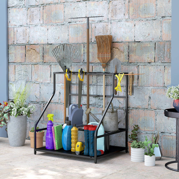 Organiseur d'outils de jardin avec crochets, porte-outils de garage à 3 niveaux, support d'outils de jardin pour sécateurs, pelles, râteaux pour jardin, garage orange