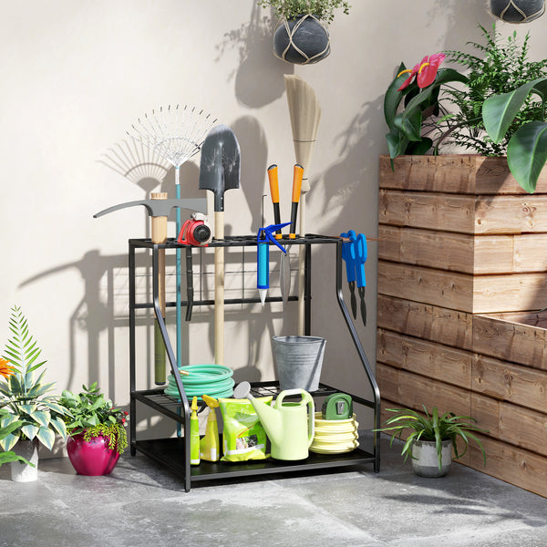 Organiseur d'outils de jardin avec crochets, porte-outils de garage à 3 niveaux, support d'outils de jardin pour sécateurs, pelles, râteaux pour jardin, garage orange