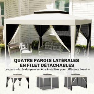 Tonnelle barnum de jardin 3L x 3l m avec 4 moustiquaires amovibles - double toit - crème