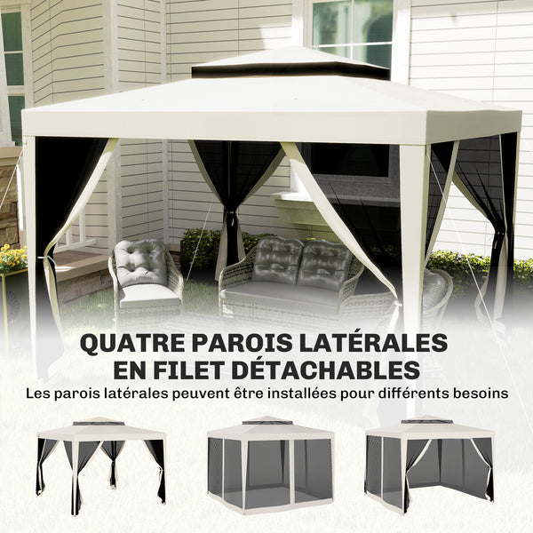 Tonnelle barnum de jardin 3L x 3l m avec 4 moustiquaires amovibles - double toit - crème