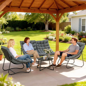 Salon de Jardin 4 Pièces avec Coussins Épais 8cm - Ensemble Mobilier Extérieur en Acier et Textilène Respirant - Table Basse en Verre Trempé pour Terrasse Balcon Moderne, Gris