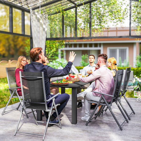 Table de jardin rectangulaire pour 4 à 6 personnes, table à manger extérieure avec trou pour parasol plateau en métal à lattes, structure en acier, pour balcon, 150 x 90 x 73 cm, noir