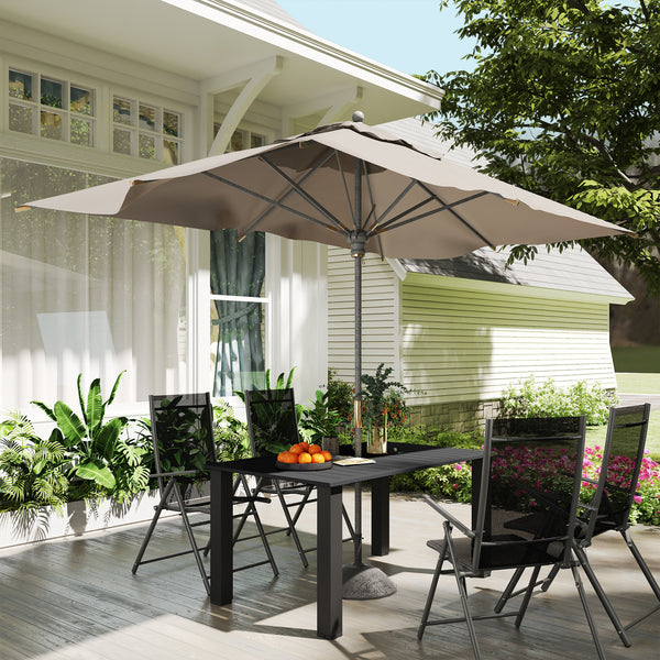 Table de jardin rectangulaire pour 4 à 6 personnes, table à manger extérieure avec trou pour parasol plateau en métal à lattes, structure en acier, pour balcon, 150 x 90 x 73 cm, noir