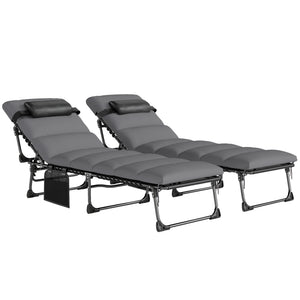Lot de 2 Bains de Soleil 200cm avec Matelas XXL 9cm - Transat de Jardin Inclinable 180° Plat - Lit de Camp Pliable à 5 Positions, Charge 120kg, Poignée de Transport et Poche Latérale, Gris