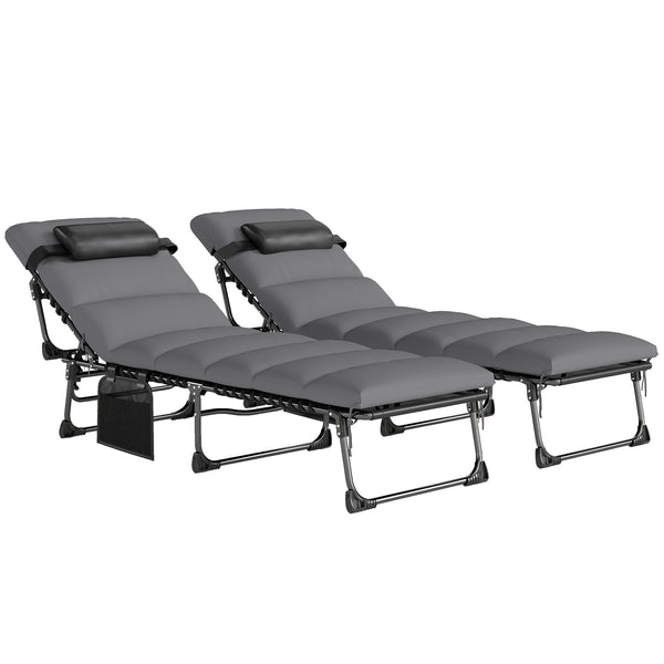 Lot de 2 Bains de Soleil 200cm avec Matelas XXL 9cm - Transat de Jardin Inclinable 180° Plat - Lit de Camp Pliable à 5 Positions, Charge 120kg, Poignée de Transport et Poche Latérale, Gris