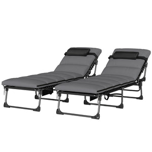 Lot de 2 Bains de Soleil 200cm avec Matelas XXL 9cm - Transat de Jardin Inclinable 180° Plat - Lit de Camp Pliable à 5 Positions, Charge 120kg, Poignée de Transport et Poche Latérale, Gris