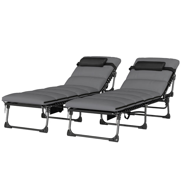 Lot de 2 Bains de Soleil 200cm avec Matelas XXL 9cm - Transat de Jardin Inclinable 180° Plat - Lit de Camp Pliable à 5 Positions, Charge 120kg, Poignée de Transport et Poche Latérale, Gris