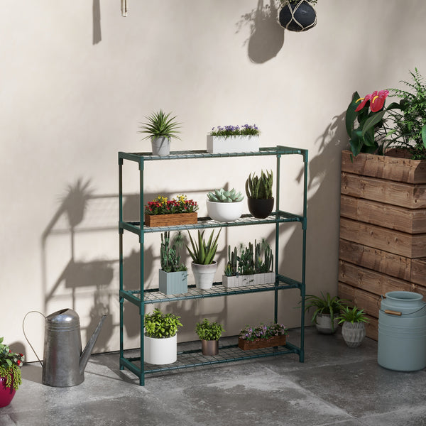 Étagère à Fleurs Supports de Pots Porte Plante 4 niveaux, intérieur et extérieur en acier, dim. 89L x 28l x 107H cm, vert