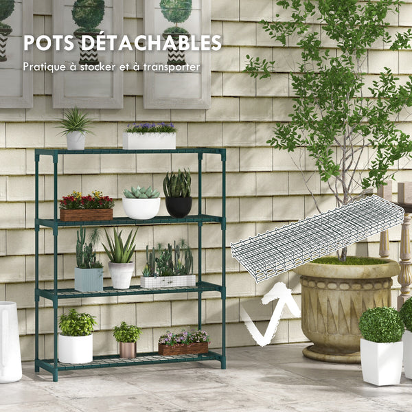 Étagère à Fleurs Supports de Pots Porte Plante 4 niveaux, intérieur et extérieur en acier, dim. 89L x 28l x 107H cm, vert