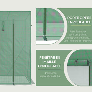 Serre de jardin PE, serre de balcon, bâche renforcée 140 g/m², châssis en acier, porte zippée enroulable, pour légumes plantes fleurs, intérieur et extérieur, 200 x 77 x 169 cm, vert