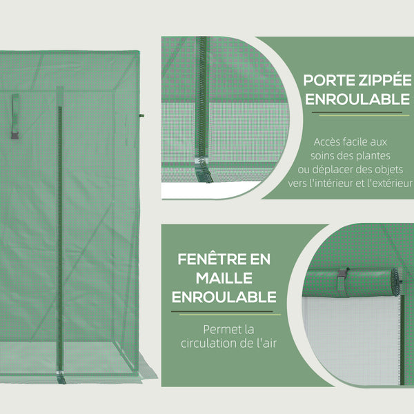 Serre de jardin PE, serre de balcon, bâche renforcée 140 g/m², châssis en acier, porte zippée enroulable, pour légumes plantes fleurs, intérieur et extérieur, 200 x 77 x 169 cm, vert