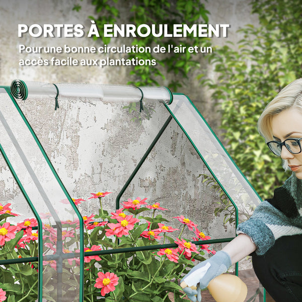 Mini Serre de Jardin mini serre tunnel 360L x 90l x 90H cm toit pointu Acier PE Haute densité 140 g/m² Anti-UV fenêtres avec Zip enroulables Transparent