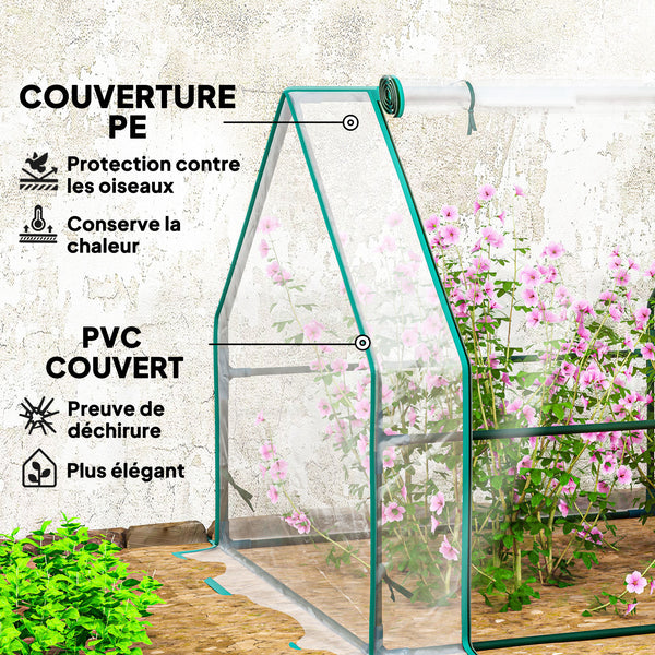 Mini Serre de Jardin mini serre tunnel 360L x 90l x 90H cm toit pointu Acier PE Haute densité 140 g/m² Anti-UV fenêtres avec Zip enroulables Transparent
