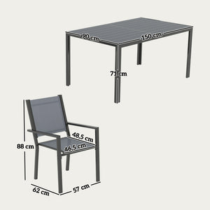 Salon de jardin extérieur 7 pièces, table extérieure avec 6 chaises empilables, plateau à lattes 150 cm, structure en acier anti-rouille, mobilier de jardin, terrasse, patio, gris