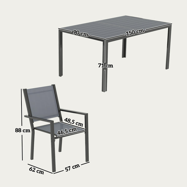 Salon de jardin extérieur 7 pièces, table extérieure avec 6 chaises empilables, plateau à lattes 150 cm, structure en acier anti-rouille, mobilier de jardin, terrasse, patio, gris