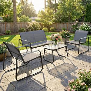 Salon de Jardin 4 Pièces en Acier et Textilène - Ensemble de Terrasse avec Accoudoirs Corde Tressée, Canapé 2 Places, 2 Fauteuils et Table Basse en Verre Trempé Cannelé pour Balcon, Gris