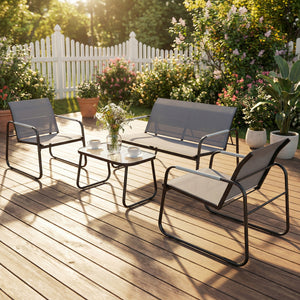 Salon de Jardin 4 Pièces en Acier et Textilène - Ensemble de Terrasse avec Accoudoirs Corde Tressée, Canapé 2 Places, 2 Fauteuils et Table Basse en Verre Trempé Cannelé pour Balcon, Gris