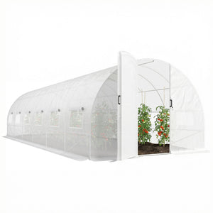 Serre tunnel de jardin 24m², serre de jardin tunnel 295x798x199cm avec portes et 12 fenêtres avec moustiquaires, bâche PE haute densité 140 g/m² prolongée de 20 cm, pour extérieur, blanc