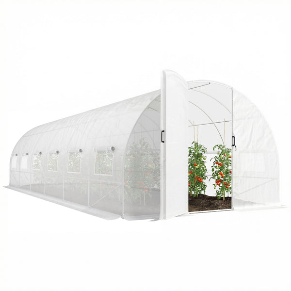 Serre tunnel de jardin 24m², serre de jardin tunnel 295x798x199cm avec portes et 12 fenêtres avec moustiquaires, bâche PE haute densité 140 g/m² prolongée de 20 cm, pour extérieur, blanc