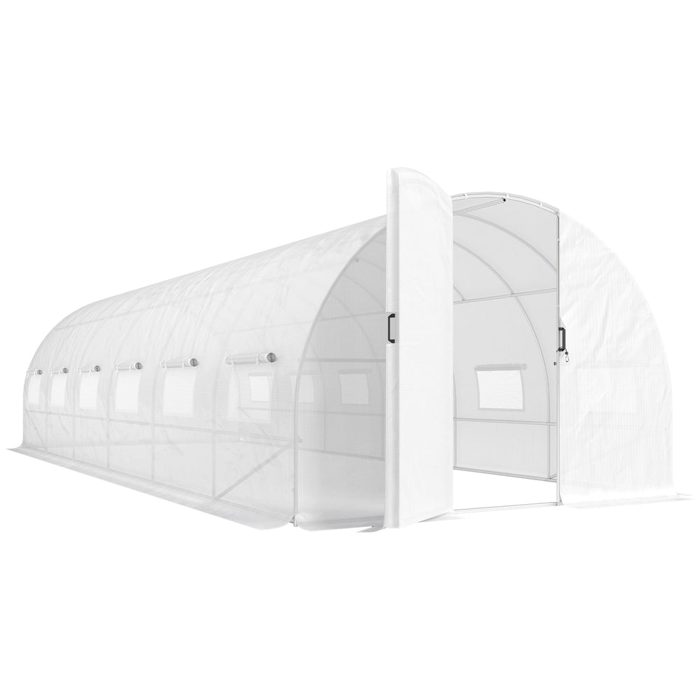 Serre tunnel de jardin 24m², serre de jardin tunnel 295x798x199cm avec portes et 12 fenêtres avec moustiquaires, bâche PE haute densité 140 g/m² prolongée de 20 cm, pour extérieur, blanc