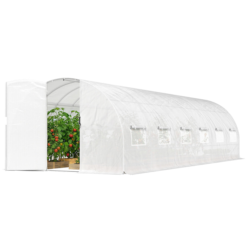 Serre tunnel de jardin 24m², serre de jardin tunnel 295x798x199cm avec portes et 12 fenêtres avec moustiquaires, bâche PE haute densité 140 g/m² prolongée de 20 cm, pour extérieur, blanc