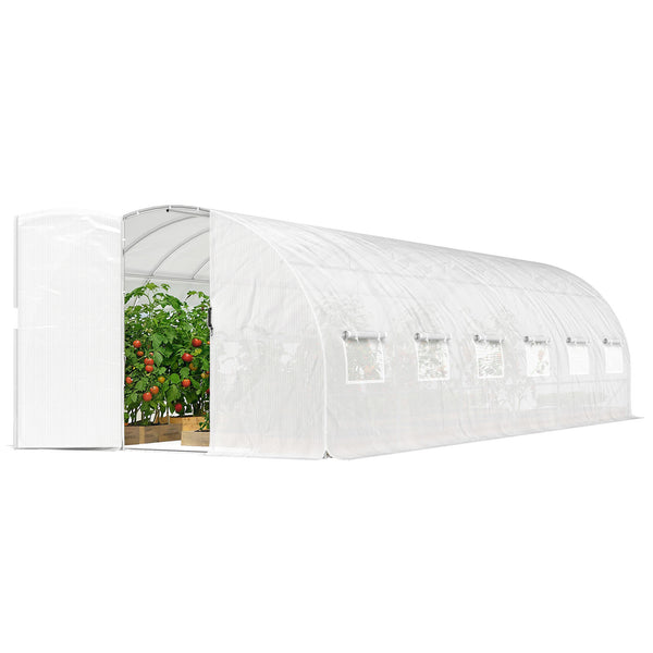 Serre tunnel de jardin 24m², serre de jardin tunnel 295x798x199cm avec portes et 12 fenêtres avec moustiquaires, bâche PE haute densité 140 g/m² prolongée de 20 cm, pour extérieur, blanc
