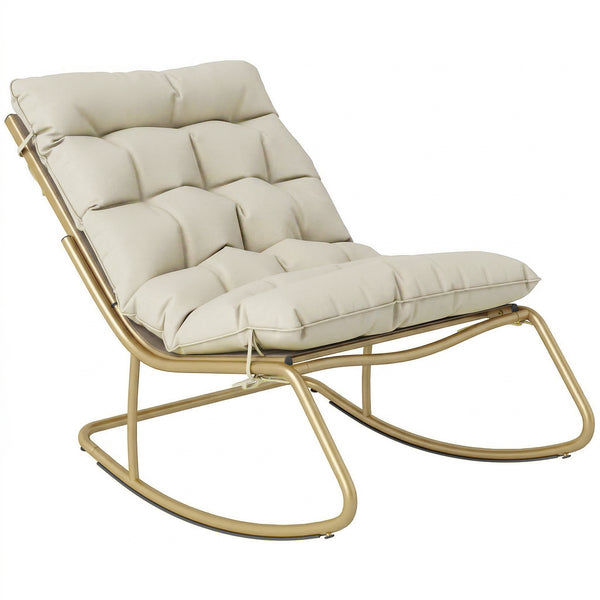 Fauteuil à bascule d'extérieur avec assise extra large 64 cm et coussin moelleux, fauteuil de jardin, balcon, véranda, kaki
