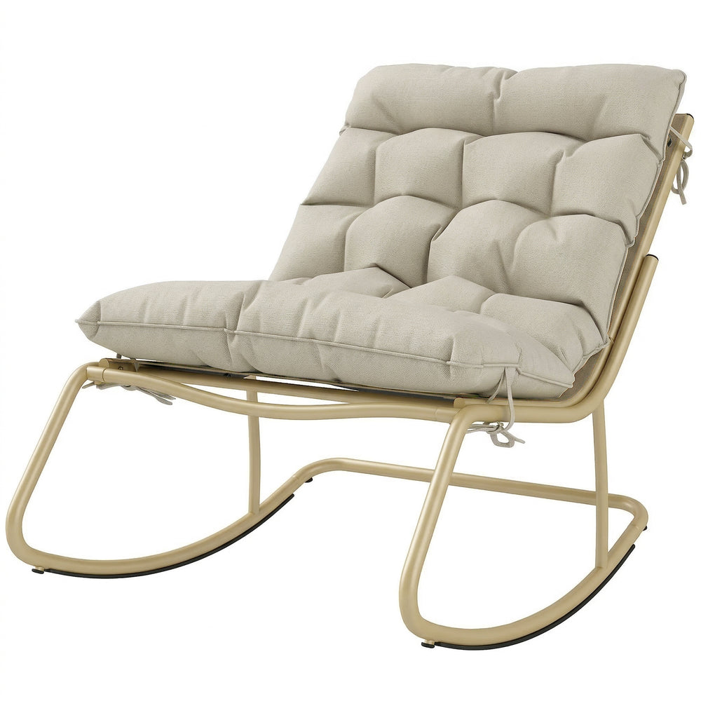 Fauteuil à bascule d'extérieur avec assise extra large 64 cm et coussin moelleux, fauteuil de jardin, balcon, véranda, kaki