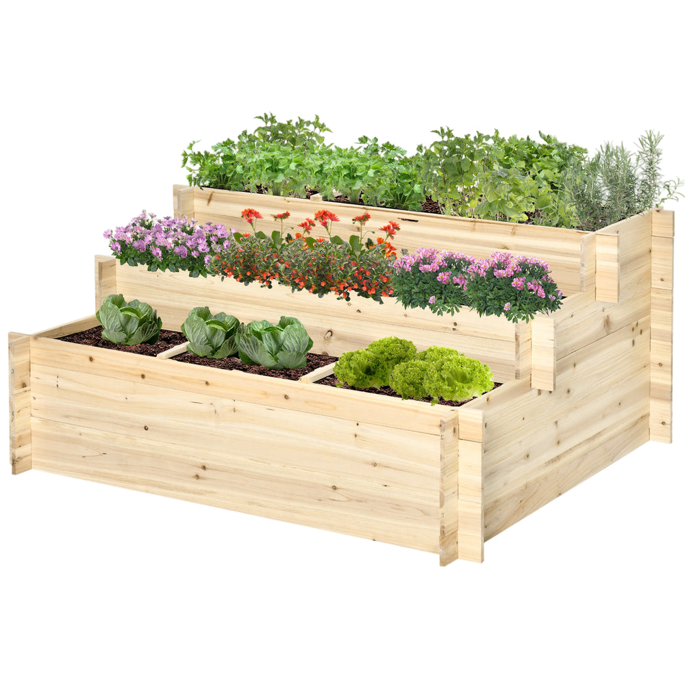 Jardinière sur pieds à 3 niveaux carré potager de jardin avec 9 compartiments en bois de sapin et tissu non tissé dim. 117L x 100l x 54H cm bois naturel