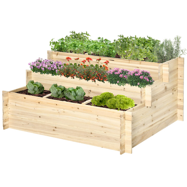 Jardinière sur pieds à 3 niveaux carré potager de jardin avec 9 compartiments en bois de sapin et tissu non tissé dim. 117L x 100l x 54H cm bois naturel