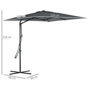 Parasol déporté carré 2,5 x 2,5 m, parasol de jardin extérieur protection UV ouvrir et fermer rapidement et facilement base croisée incluse pour balcon patio terrasse gris foncé