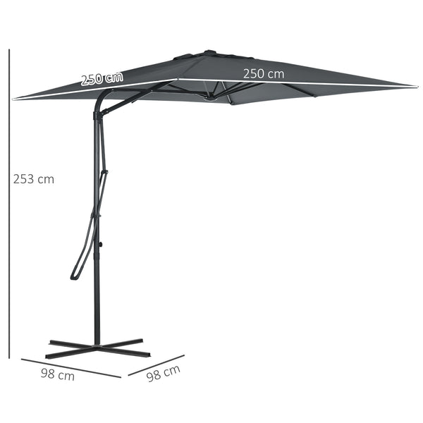 Parasol déporté carré 2,5 x 2,5 m, parasol de jardin extérieur protection UV ouvrir et fermer rapidement et facilement base croisée incluse pour balcon patio terrasse gris foncé