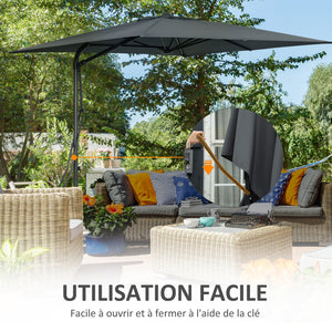 Parasol déporté carré 2,5 x 2,5 m, parasol de jardin extérieur protection UV ouvrir et fermer rapidement et facilement base croisée incluse pour balcon patio terrasse gris foncé