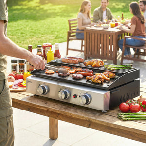 Plancha Gaz avec 3 brûleurs en Acier Inoxydable, 7,5 kW, Barbecue à Gaz avec Plaque Émaillée Résistante à Chaleur et Facile à Nettoyer, Barbecue de Table avec Grille de Réchauffage, Noir
