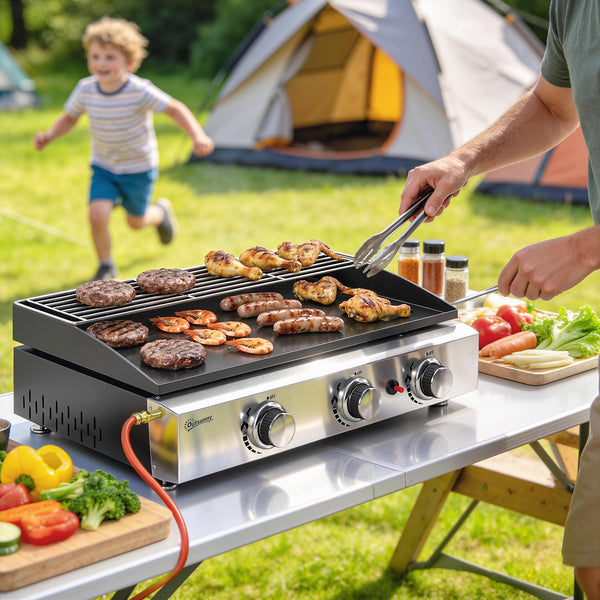 Plancha Gaz avec 3 brûleurs en Acier Inoxydable, 7,5 kW, Barbecue à Gaz avec Plaque Émaillée Résistante à Chaleur et Facile à Nettoyer, Barbecue de Table avec Grille de Réchauffage, Noir