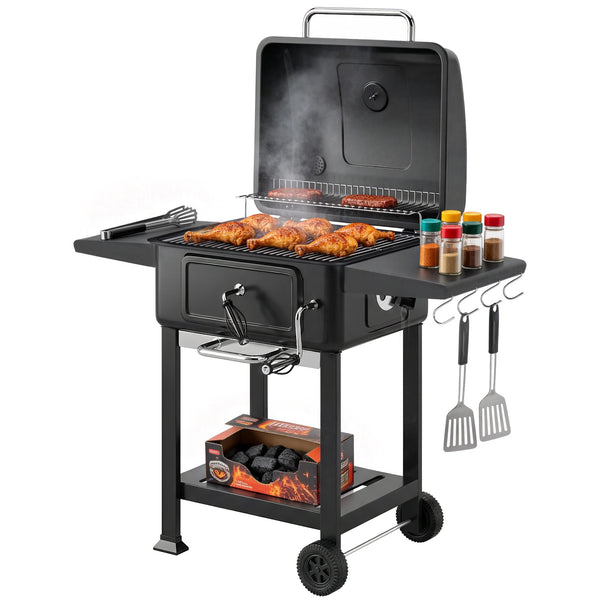 Barbecue charbon de bois avec bac à charbon réglable, chariot grill de jardin fumoir avec grille de maintien au chaud, tablettes latérales, cheminée, aérations, roues et thermomètre, noir