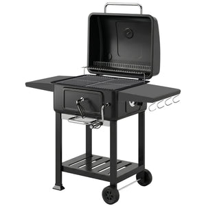 Barbecue charbon de bois avec bac à charbon réglable, chariot grill de jardin fumoir avec grille de maintien au chaud, tablettes latérales, cheminée, aérations, roues et thermomètre, noir