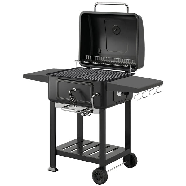 Barbecue charbon de bois avec bac à charbon réglable, chariot grill de jardin fumoir avec grille de maintien au chaud, tablettes latérales, cheminée, aérations, roues et thermomètre, noir
