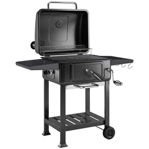 Barbecue charbon de bois avec bac à charbon réglable, chariot grill de jardin fumoir avec grille de maintien au chaud, tablettes latérales, cheminée, aérations, roues et thermomètre, noir