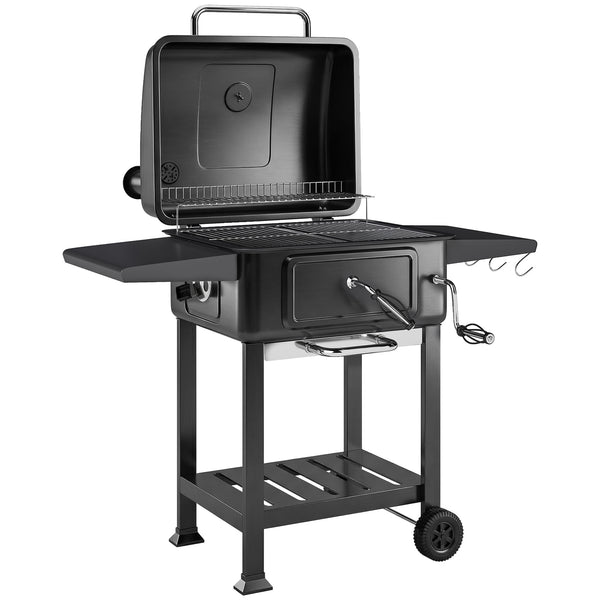 Barbecue charbon de bois avec bac à charbon réglable, chariot grill de jardin fumoir avec grille de maintien au chaud, tablettes latérales, cheminée, aérations, roues et thermomètre, noir