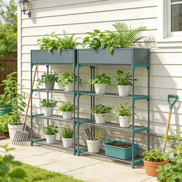 Lot de 2 Étagères à Plantes 4 Niveaux Intérieur Extérieur, Supports pour Plantes en Métal, Assemblage Facile, Support pour Fleurs et Pots, pour Jardin, Balcon, Patio, 90 x 28 x 104 cm, Vert