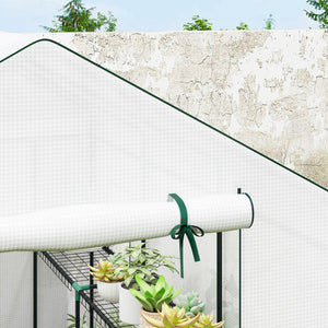 Serre de jardin PE avec étagères 3 niveaux, serre d'extérieur avec bâche renforcée 135 g/m² anti-UV, châssis en acier, portes zippées enroulables et fenêtres en maille, 143x215x190cm, blanc