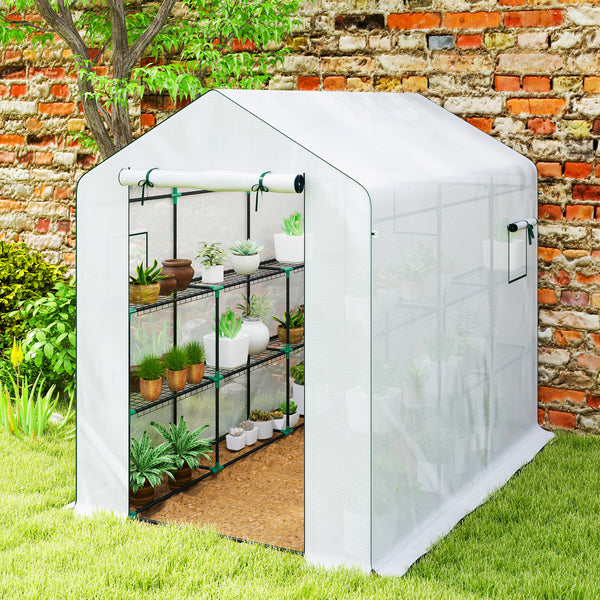 Serre de jardin PE avec étagères 3 niveaux, serre d'extérieur avec bâche renforcée 135 g/m² anti-UV, châssis en acier, portes zippées enroulables et fenêtres en maille, 143x215x190cm, blanc