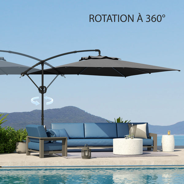 Parasol déporté carré 3 x 3 m, parasol de jardin extérieur avec manivelle, base croisée, parasol inclinable et rotation à 360°, toile polyester 180 g/m², protection UV UPF50+, gris foncé
