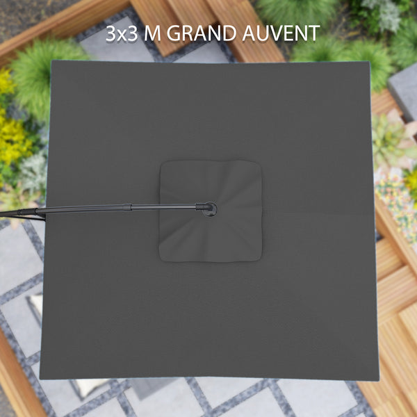 Parasol déporté carré 3 x 3 m, parasol de jardin extérieur avec manivelle, base croisée, parasol inclinable et rotation à 360°, toile polyester 180 g/m², protection UV UPF50+, gris foncé